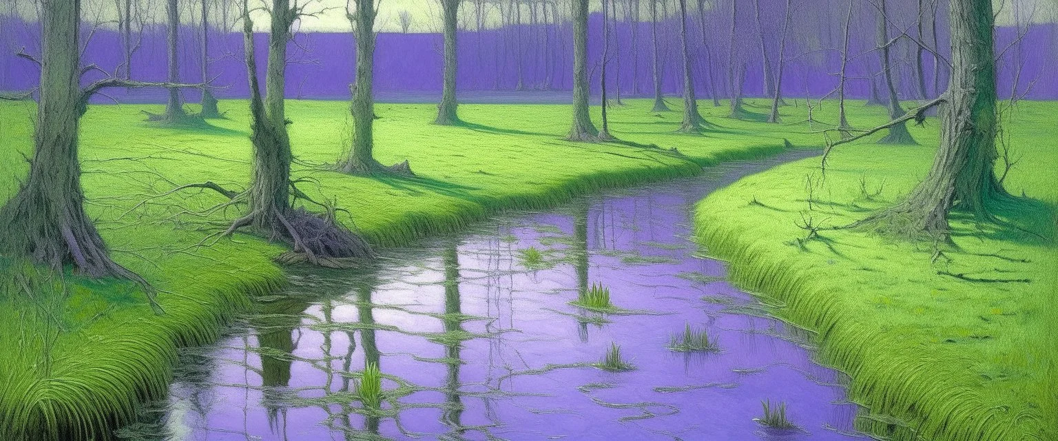 A light purple poisonous swamp designed in native American petroglyphs painted by Birge Harrison