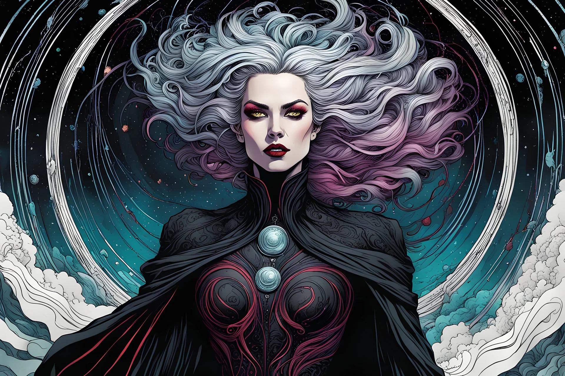 full color full body illustration of a surreal, ethereal, futuristic female vampire time traveler, emerging from a swirling cosmic maelstrom ,with highly detailed hair and facial features in the style of Sveta Dorosheva and Travis Charest, detailed and sharply defined line work and bold inking, rich, dark natural color palette, 4k, on an ornate abstract background