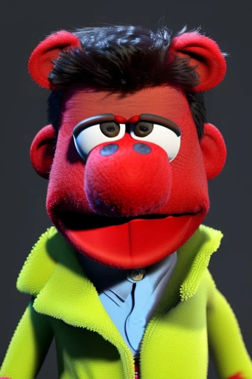 Waist up muppet Portrait, Nicolas maduro us muppet doll, Venezuelan president, tracksuit red blue and yellow, mustache, photo studio, red background, unreal engine 5, concept art, art station, ray tracing, lumen lighting, ultra detail, volumetric lighting, 3d.