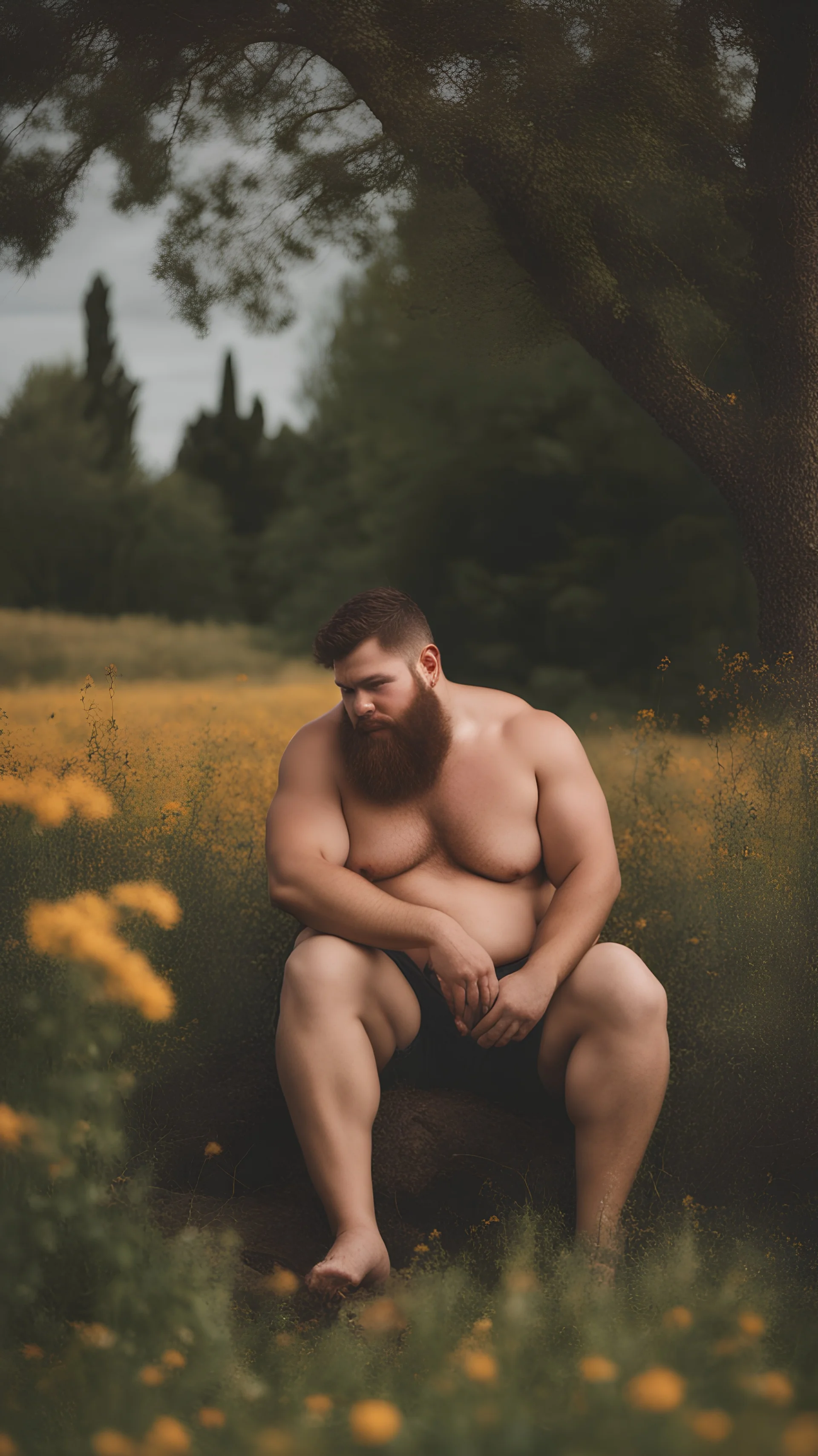 full figure photography, shy muscular big fat chubby, 35mm lens, burly italian man short hair, 25 years old sitting in the meadow with a flower in a hand, near a big farm , red short beard, shirtless, hairy armpits, manly armpits, ugly, manly chest, hairy chest, big shoulders, , huge belly, manly chest, shirtless, with boxer, emotive eyes looking at camera, photorealistic ,sunlight , ambient occlusion, side view, poetic composition, golden ratio