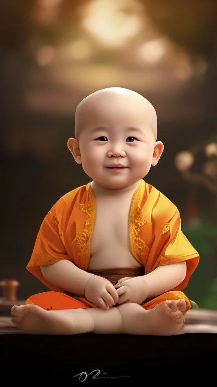 A 3-year-old monk boy with round cheeks, sitting, looking at the camera, monk costume, cute and cute, masterpiece, high quality, highly detailed.