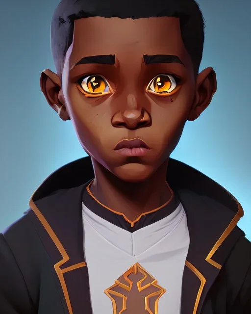 Portrait of a handsome black skinned toddler warlock boy with dark hair