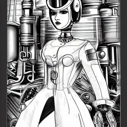 great illustrator, spanish, pencil sketch of a cute girl, beautiful, steampunk syle, black and white. Helmet with tubes. venetian dress. Machinery in the background. robotic bird fkying. High details.