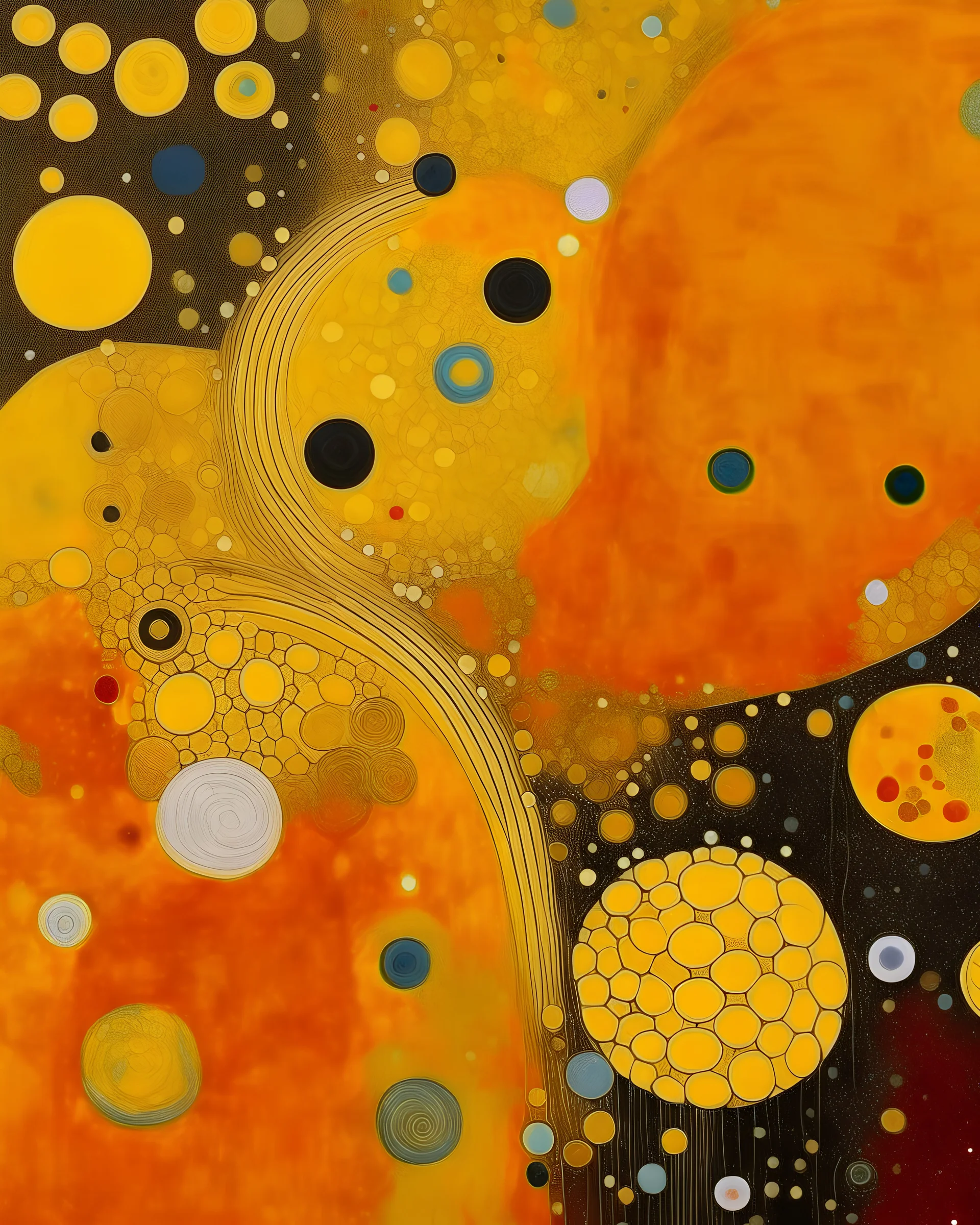 A yellow galaxy with planets and stars painted by Gustav Klimt