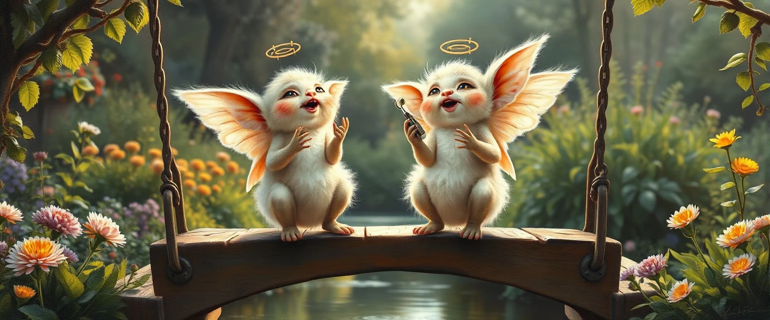 two totally symmetric fluffy angel gremlin slug nice cheerleader singing on bridge in garden , full body portrait T-pose strong aura, oil painting and air brush, in swing