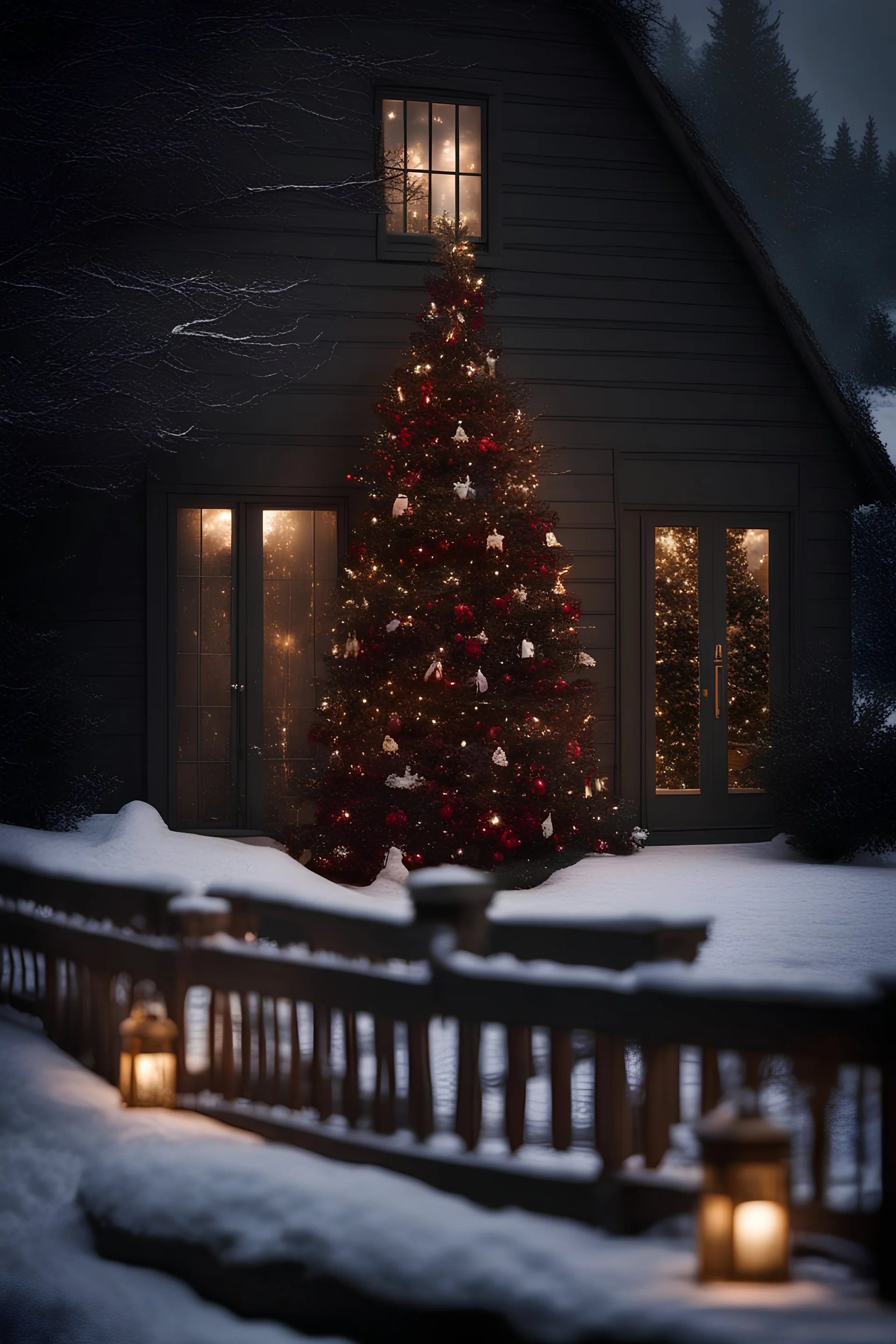 dark house wall with alluminatedwimdow, looking in, big christmas tree,lights,presents,dar red and greenand gold, snow outside the windw