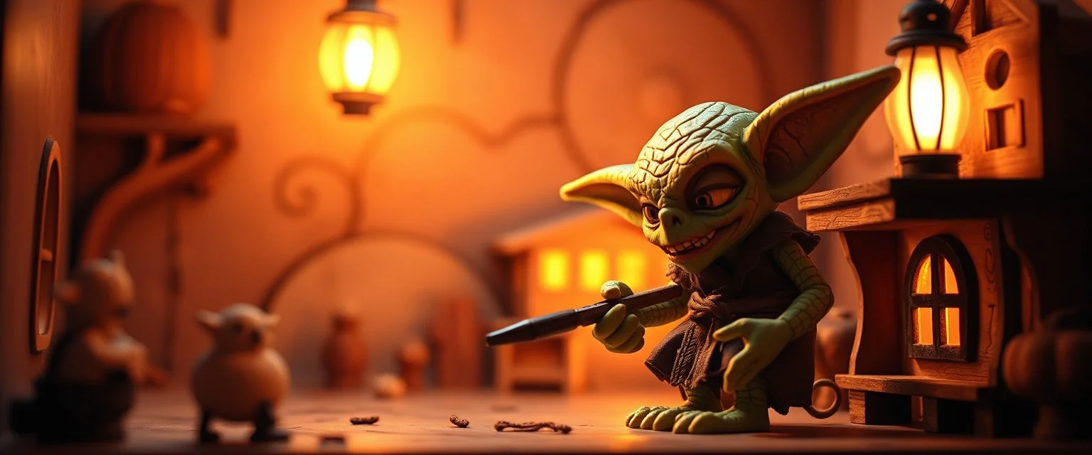 air brush 3d with pen outline,spaghetti western goblin edgy hero, shallow depth of field, warm lantern, pin hole cam in doll house, burnt edges border