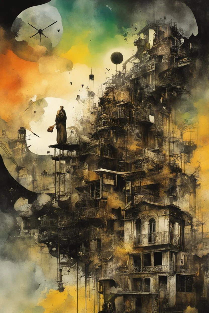 Time collapses in on itself engulfing the vain pursuits of the insane, neo surrealism, striking, atmospheric, dreamlike, in the graphic novel style of Dave McKean, stylish, vibrant colors, asymmetric, disjointed, non linear, photographic collage, watercolor underpainting