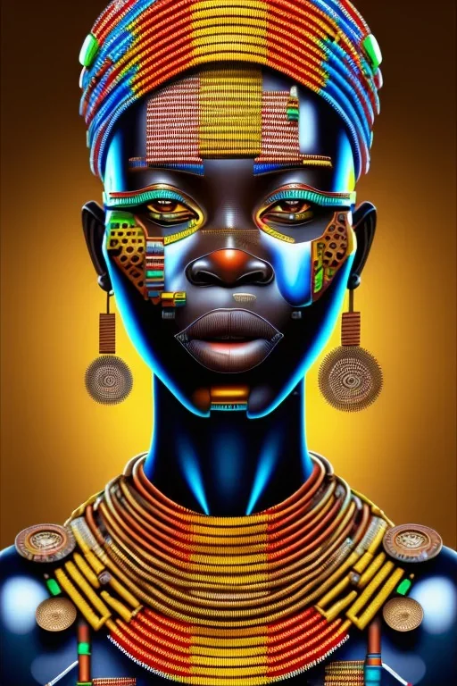 african portrait with rusted varied clocks on face in Kente, rust, scaffolding, ghana colours, cyberpunk, high detail