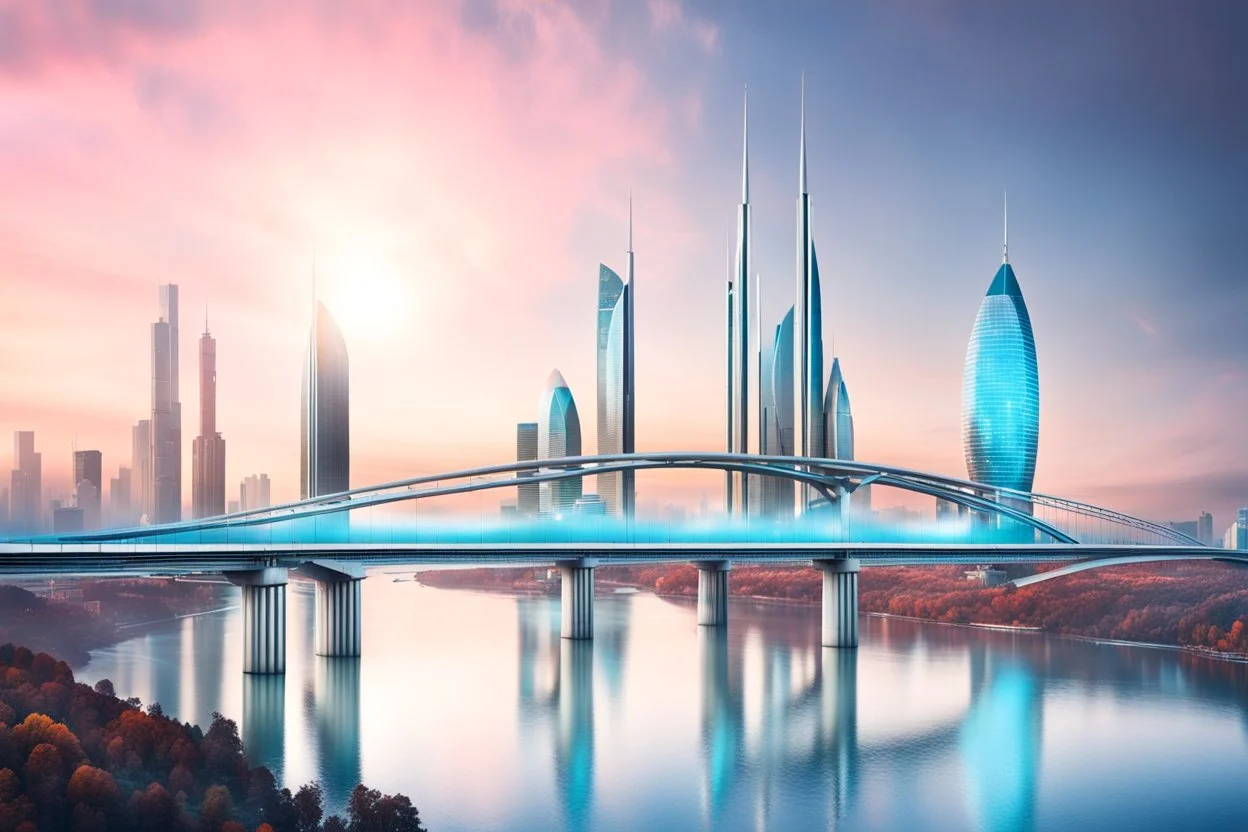 Dreamlike Skyline of Downtown futuristic hightech city in 4050 and a stunning futuristic Bridge During with dark grey clouds in sky, over the azur-silver color river, cold colors, come storm, high detalied, sci-fi, landscape