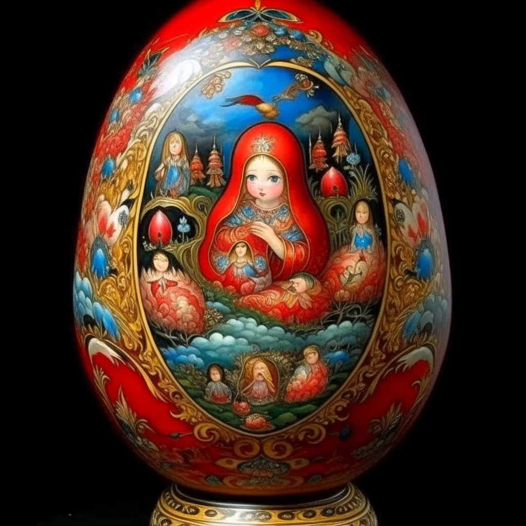 A pale red angelic fairy realm in a thunderstorm designed in Matryoshka dolls painted by Peter Carl Faberge