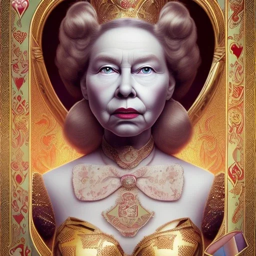 "Queen of Hearts" book young man character of "Alice in the wonderland". Fat,old woman,Detailed face, detailed eyes, Realistic lighting,elegant dress disney style,sarcastic smile,.behance contest winner, generative art, baroque, intricate patterns, fractalism, movie still, cartoon.style by Disney,Chie Yoshii,earnst haeckel,james jean.