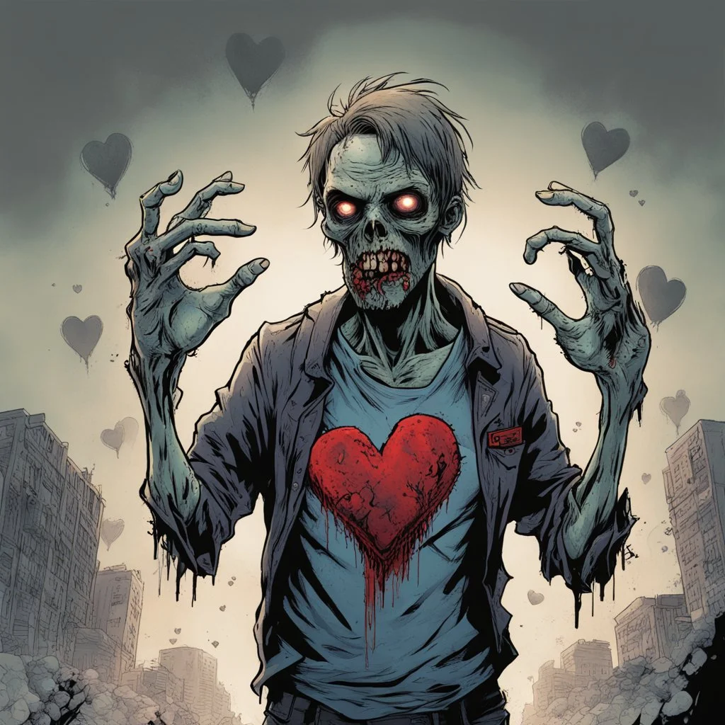 Zombie in a dystopia making the "I love you" heart sign with his hands, concept art, ultra clear, ultra fine, artistically dramatic, complex contrast, modern comic book illustration, by Robert Kirkman, "The Walking Dead " comic book aesthetic, zombiecore