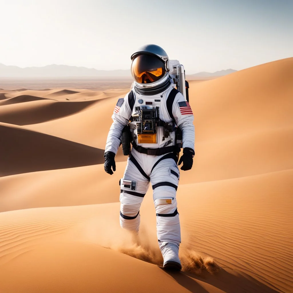 in spacesuit in the desert, top of a dune, a blaster in the hand, a cap in the wind