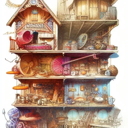 Details building cross section, building interior architecture from external ,colourful detailed room , Jean Baptiste Monge, strong lines, high contrast vibrant colors, highly detailed, 16k resolution, trending on behance