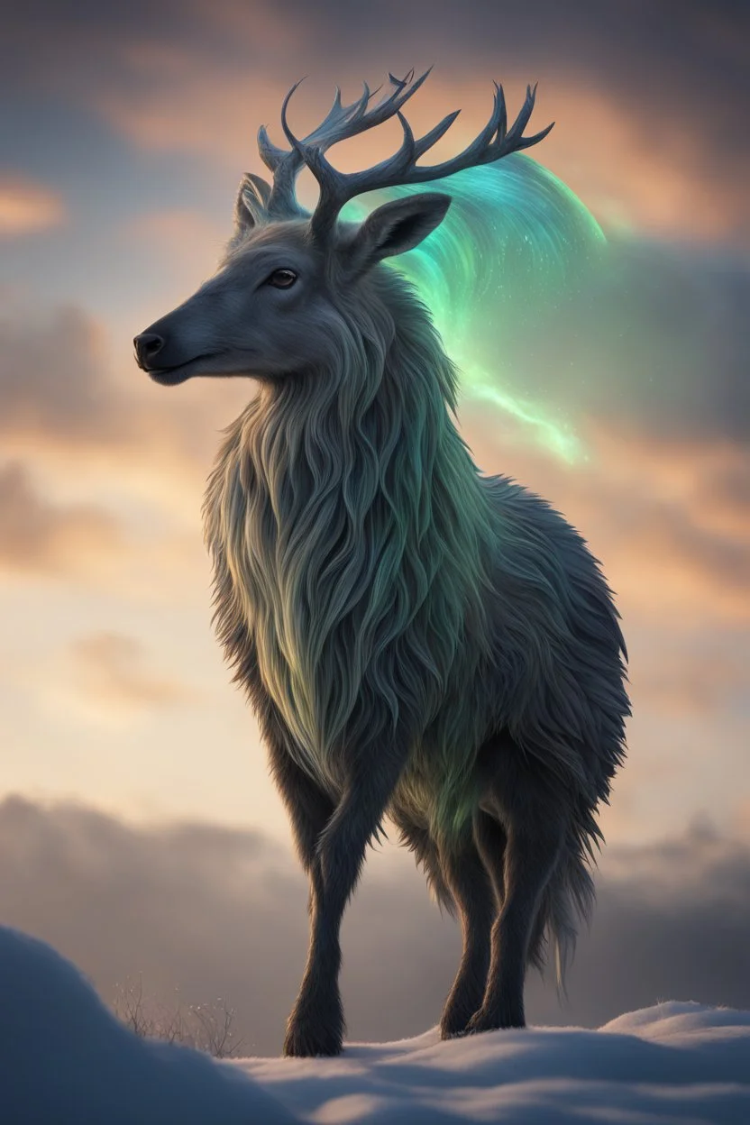 A stunning full body photo of a strange land creature made of aurora borealis, glowing, nene thomas, volumetric atmosphere, best quality, sharp focus, highres, vibrant intricate, insanely detailed, breathtaking, precise lineart, comprehensive cinematic, max detail, 4k uhd, digital art, adward winning, trending on artstation, dynamic pose