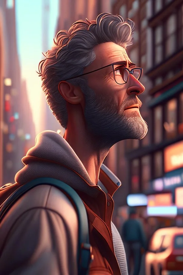 Animated cartoon of a man in the city hyper-realistic 8k