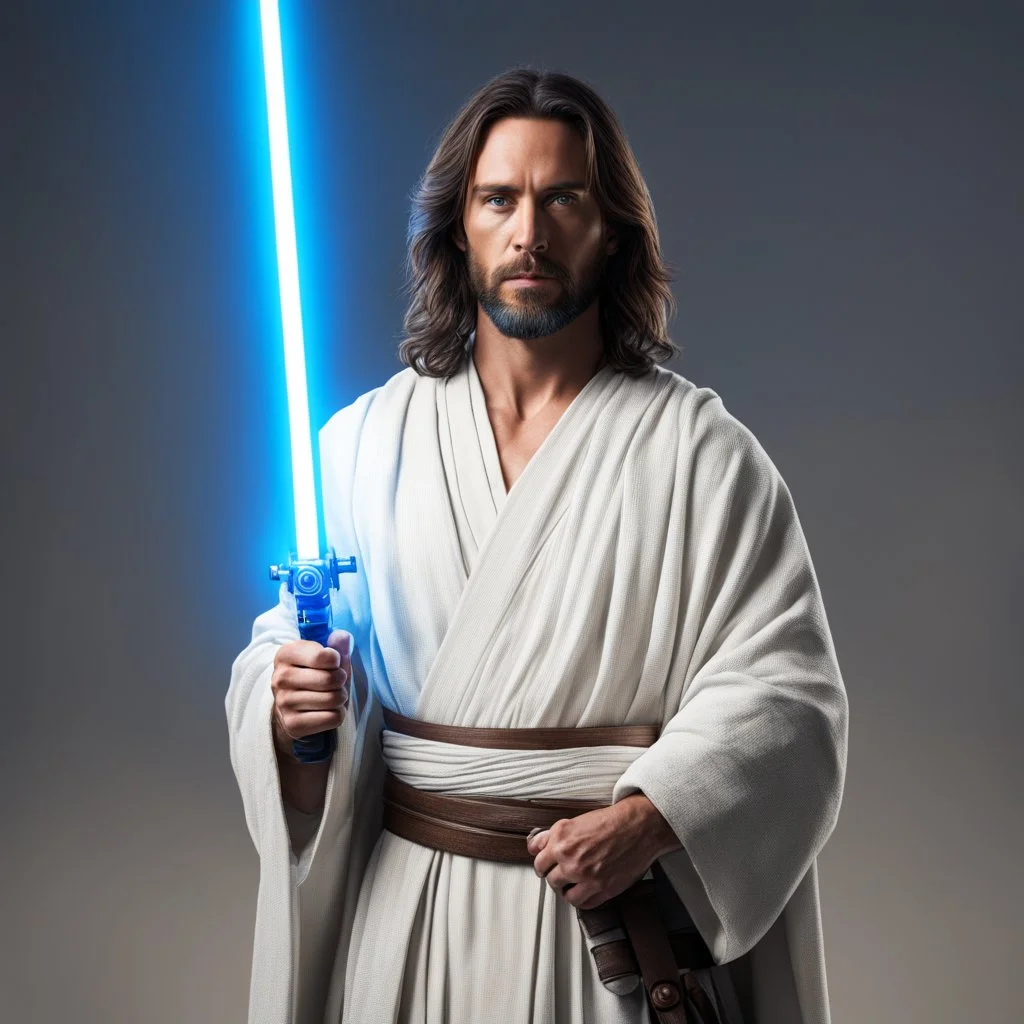 Jesus on “The Chosen” as played by Jonathan Roumie as a Jedi Master with a blue-colored lightsaber, standing straight and proud, high resolution, professional picture, full body portrait, hyper realistic concept, 8k resolution, photorealistic, super detailed, photo-real