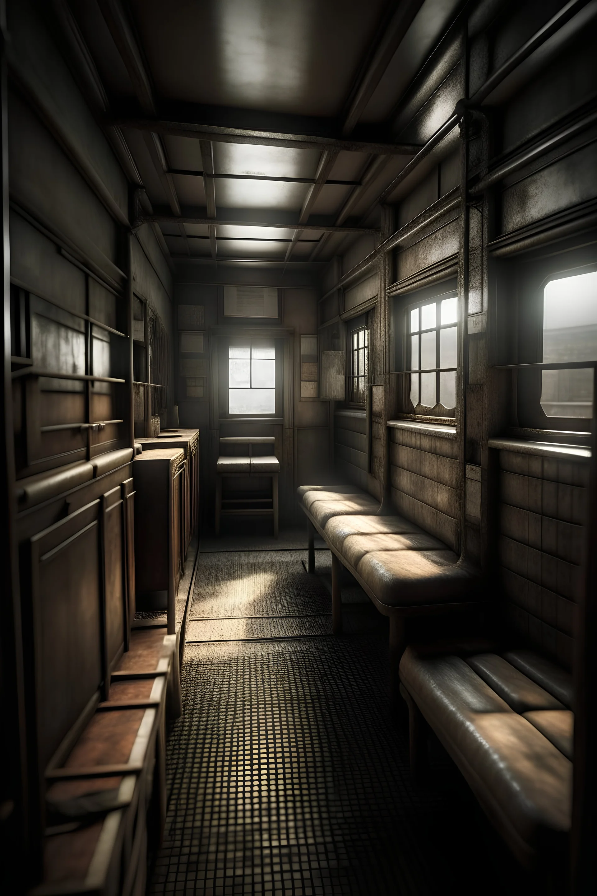 photo realistic depiction of a gulag prison transit train interior