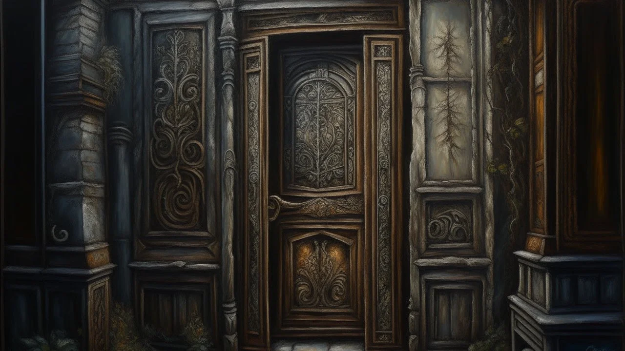 A detailed oil painting in the style of Baroque with intricate textures and deep shadows, An unlocked door appeared in the alley of whispers, adding a sense of mystery and intrigue to the scene, subtly hinting at the unknown secrets that lie behind it