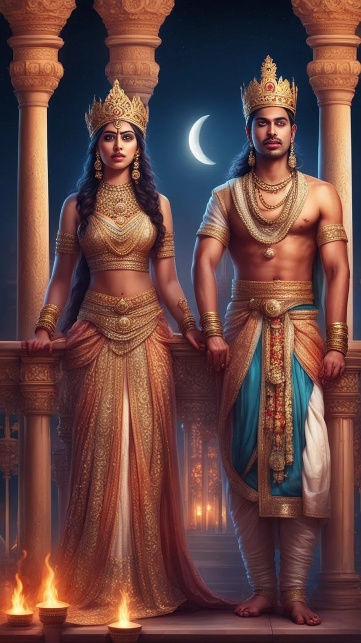 Hyper Realistic beautiful handsome Indian king & Queen standing on the balcony of an Indian palace at moon night with flame torches