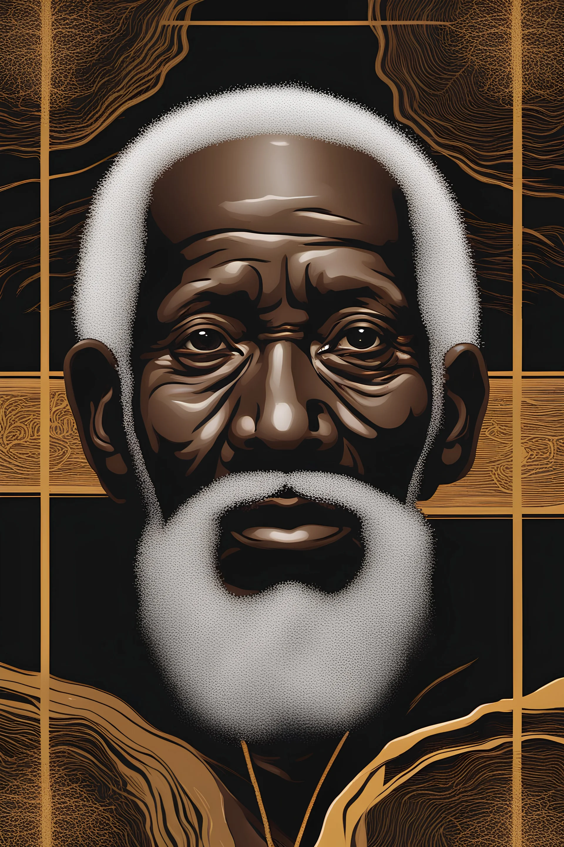 A face image of an enlightened old African man with white Beards and bar hair, dark background