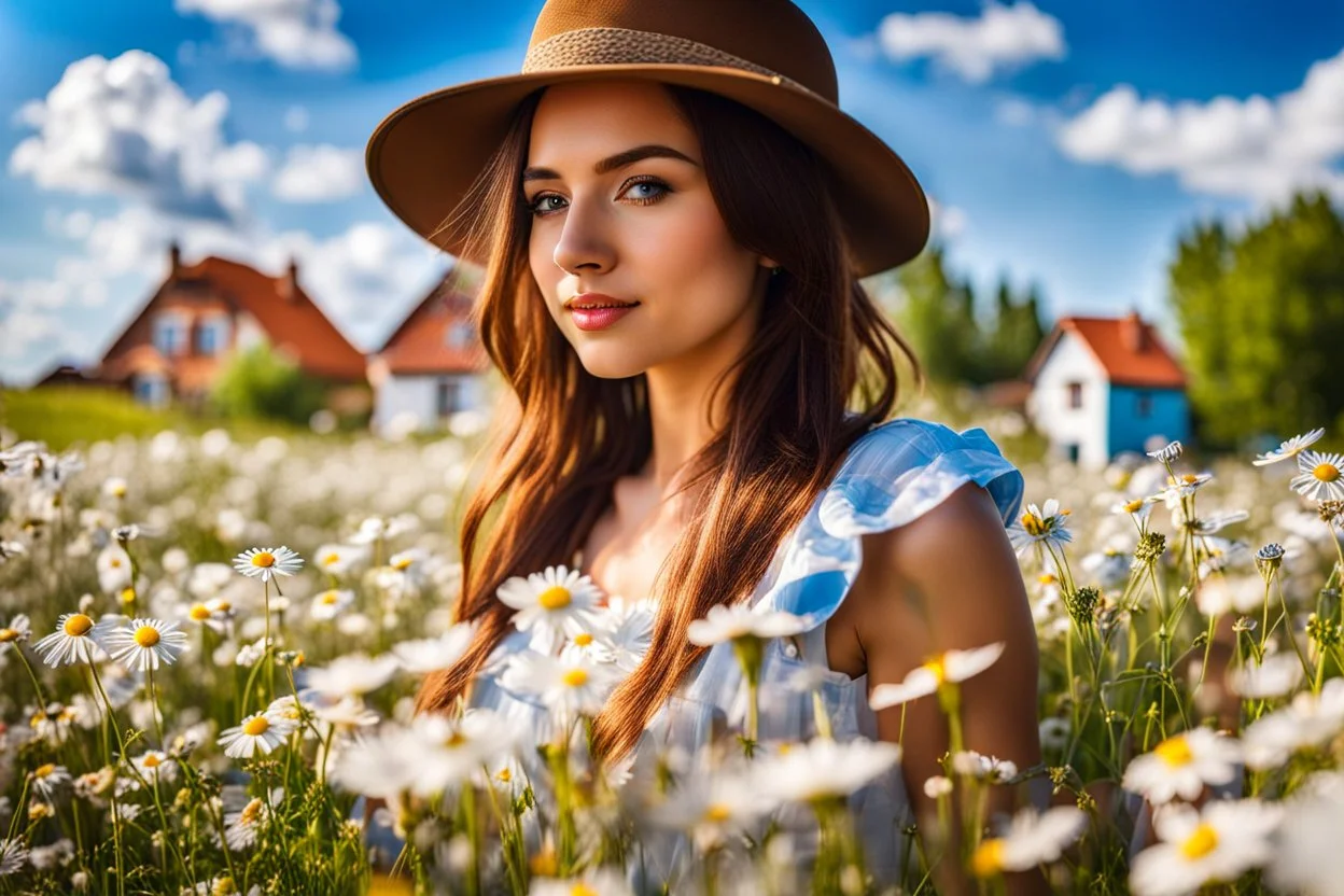 Young woman in flower field in country side ,river, houses,blue sky ,nice clouds,god rays