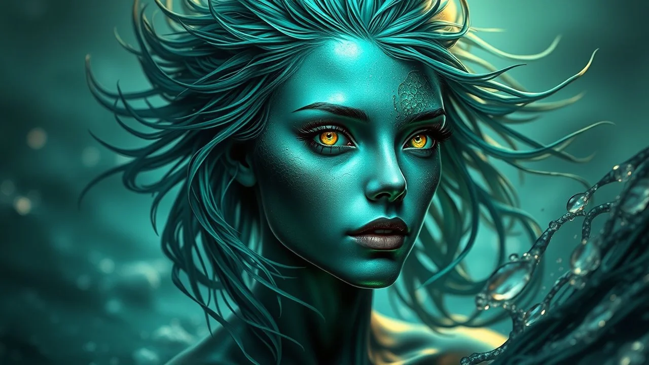 In this captivating digital artwork, an ethereal figure emerges, embodying the essence of the ocean. Her skin shimmers with a metallic emerald hue, reflecting the deep mysteries of the sea. Her hair, sharp and flowing like seaweed caught in a current, adds to her otherworldly appearance. Eyes glowing with an inner light, she gazes out over the water with a serene yet powerful expression, as if she is the guardian of all that lies beneath the waves. This portrait captures the beauty and mystique