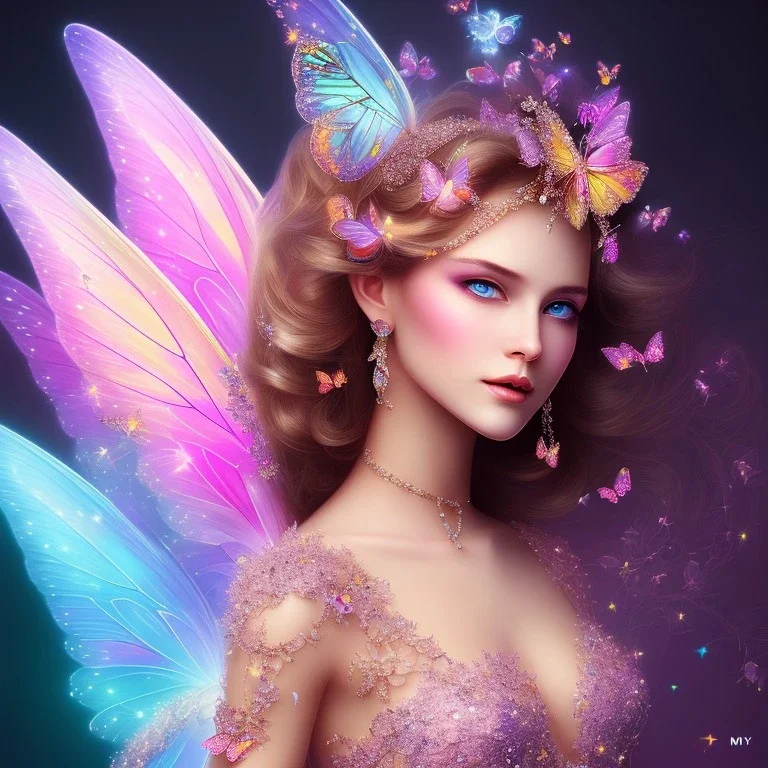 bright fairy, beautiful portrait, flowery luminous pastel colors, butterfly