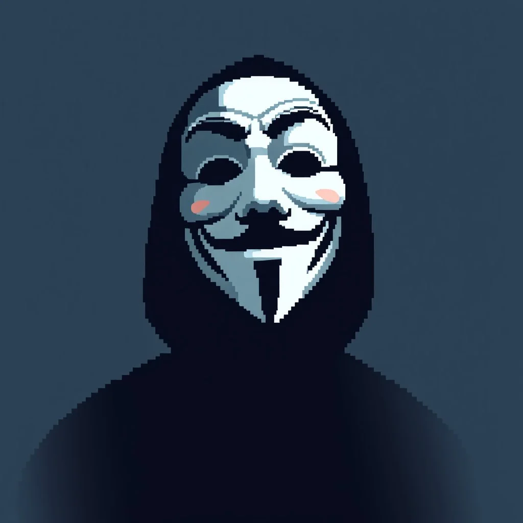 18 bit pixelart of a shadow figure with a white smooth wide smiling mask guy fawkes, guy