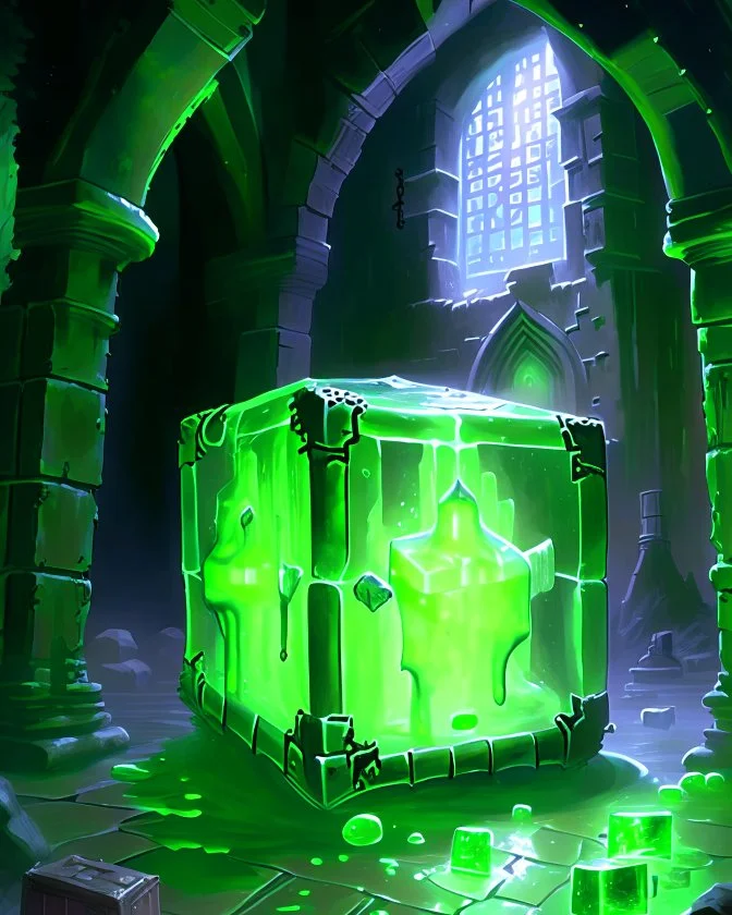 a gelatinous cube in vast dungeon room with green torches abandoned castle rpg art painterly