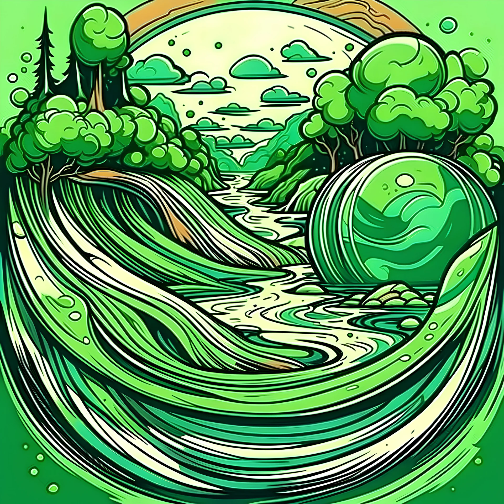 Comic art, globe with a green colored flowing river