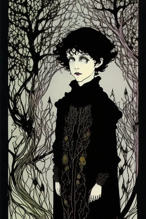 7 year old boy, friendly, looks dead, with weird mushrooms growing out of him, wearing black robes, in the style of Harry Clarke