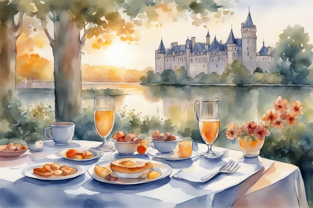 Brunch breakfast on an elegant table in the garden in the background, Castle on the Loire, lake, reflection, sunrise, Misty morning smooth intricate high definition beautiful lighting hard marker pen strokes, watercolor polished warm light