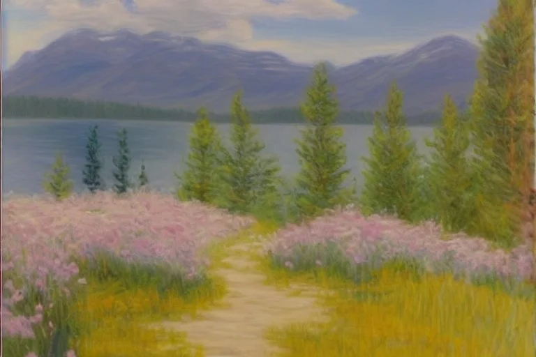 Mountains, lake, flowers, pathway, pine trees, clouds, otto pippel impressionism painting