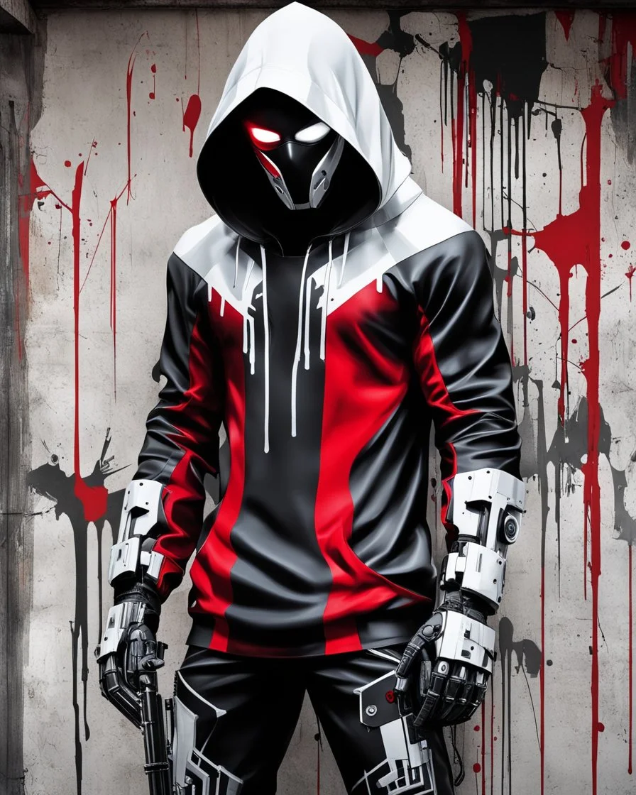 Banksy style. Grafiti. Full body. 3D. Masterpiece of a hooded and masked, killer Cyborg, his eyes are intense. Red, white and black colors, (((full body)))