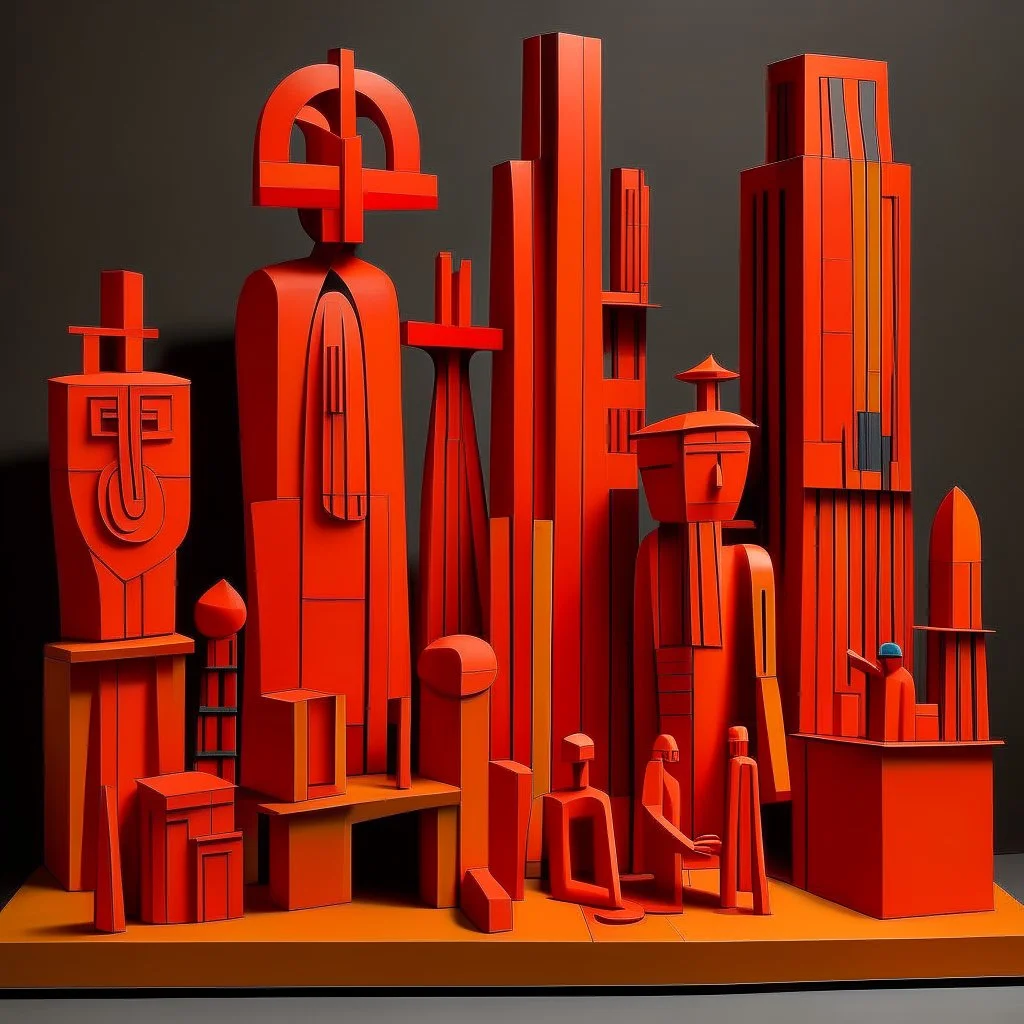 A reddish orange metropolis designed in Maori sculptures painted by Stuart Davis