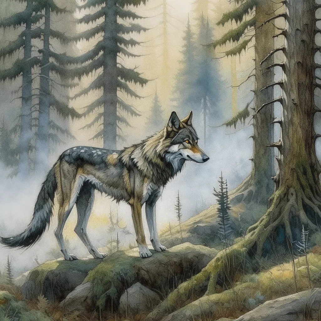 A mesmerizing painting that showcases the captivating beauty of a wolf. The wolf's body is intricately detailed, with its fur rendered in a myriad of textures and shades. At the center of the wolf's body, a stunning watercolor landscape unfolds, capturing the serene atmosphere of a foggy forest. Towering pine trees rise above the mist, their branches delicately outlined against the soft, green sky. A silhouette of a deer stands at the forest's base, gazing intently into the distance. The predomi