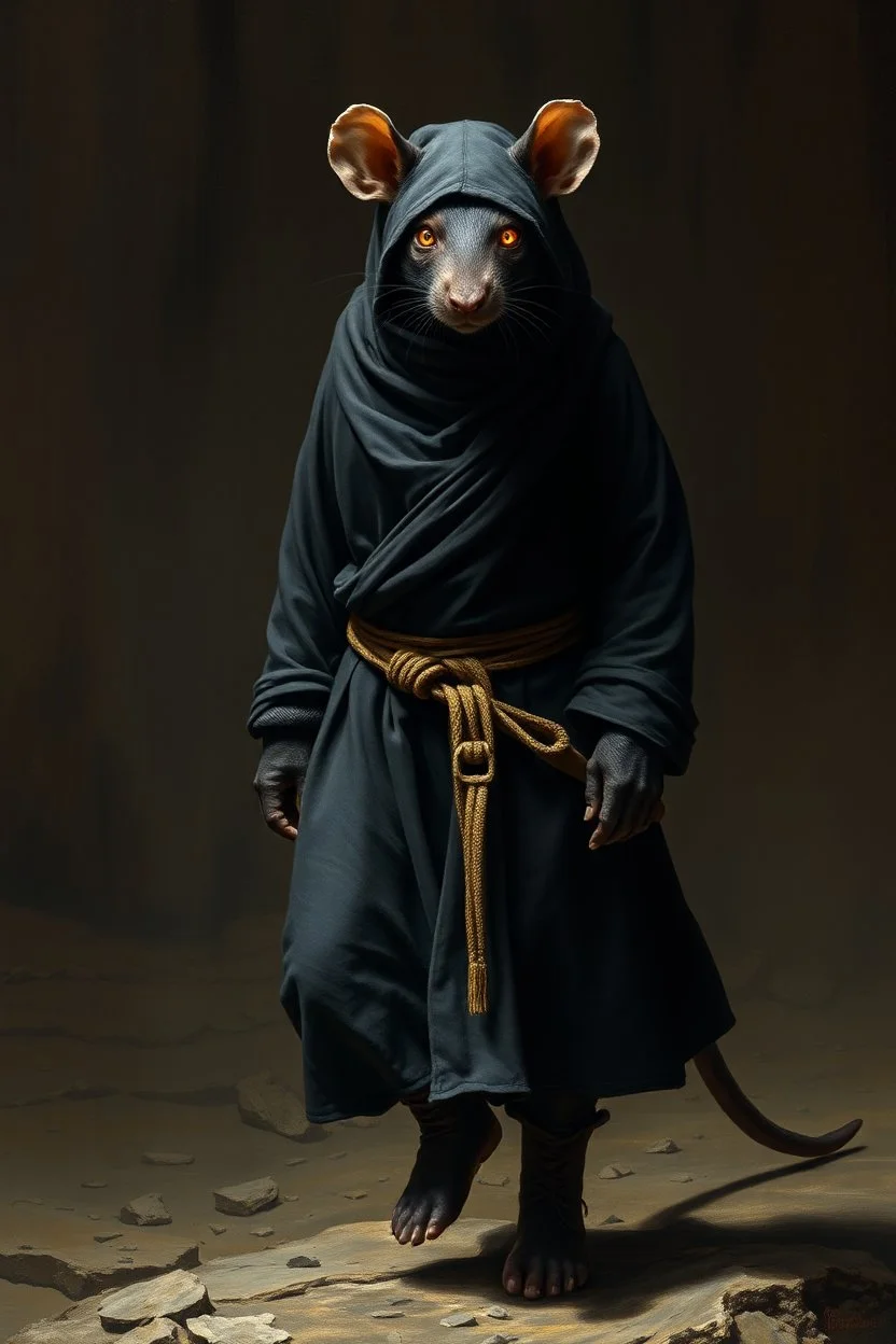 boots , the yoga rat man guard, black iris eyes with yellow glints, ou’re looking at someone who doesn’t just walk into shadows—they belong to them. The black robes cling like a second skin, the belt tied tight with gold thread that catches the light only when he moves. His face is wrapped, but not hidden—his eyes glow like embers, red and steady, as if he’s already seen what waits inside the cave. The tail curls behind him, not in fear, but in readiness. He doesn’t need a torch, by Rembrandt