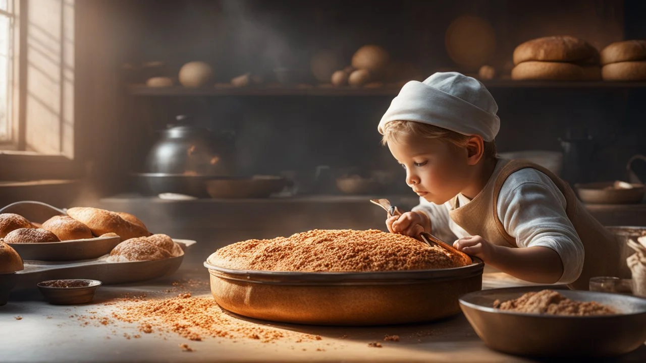 little boy, above the waist, baking bread, exquisite composition, beautiful detailed intricate insanely detailed octane render trending on artstation, 8k artistic photography, photorealistic concept art, soft natural volumetric cinematic perfect light, chiaroscuro, award-winning photograph, masterpiece, raphael, caravaggio, greg rutkowski, beeple, beksinsk