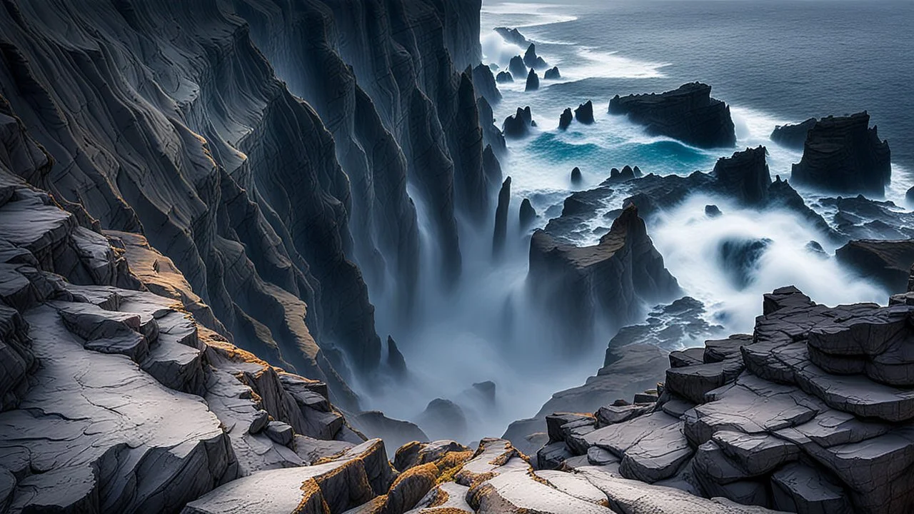 This mesmerizing ocean cliff scene captures the dramatic power and beauty of nature. Towering rugged cliffs stand majestically against the vast expanse of the ocean, where the water pours into a singular bottomless pit. The cliffs, with their sharp and jagged edges, create a stark contrast to the rough, flowing water, making the scene even more captivating. Sunlight pierces through the mist rising from the waterfalls, creating a magical, ethereal atmosphere