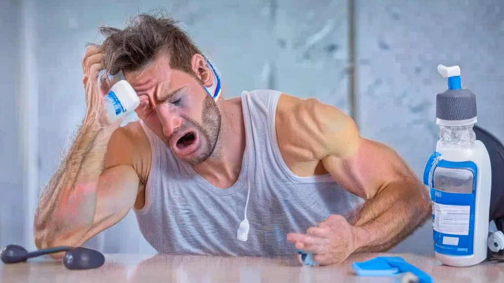 guy sweating and shaking while on the phone with prescription pill bottle