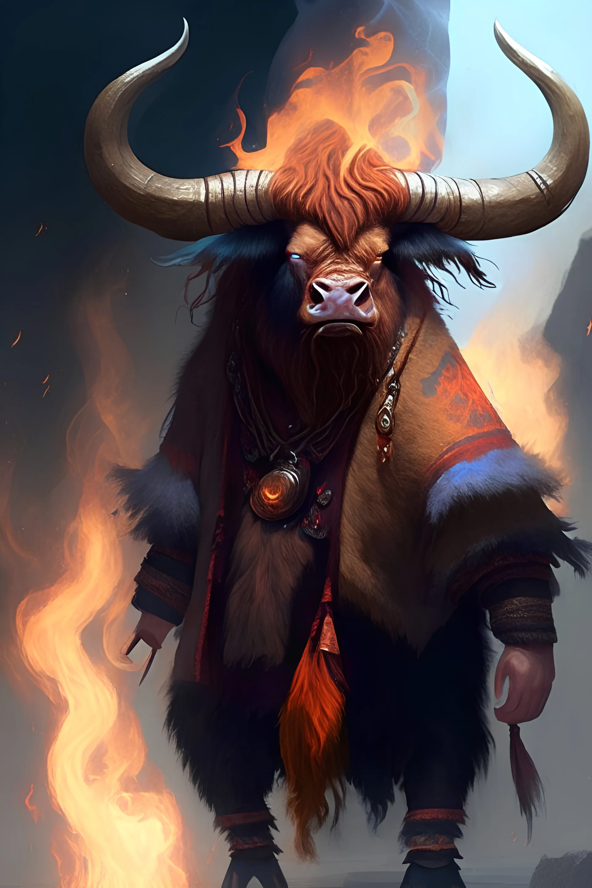 A yak that is styled after a dungeons and dragons minotaur who is a fire wizard