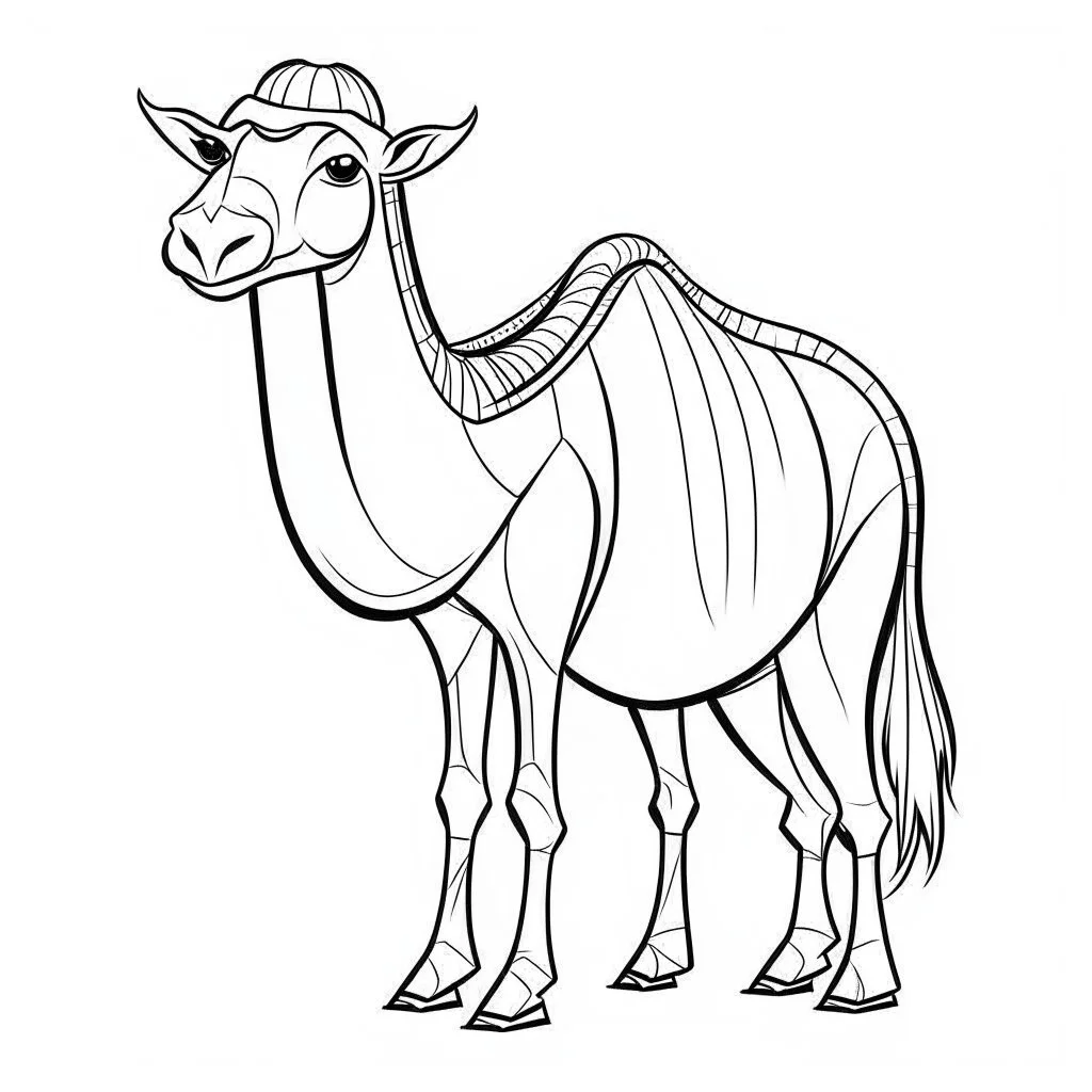 black and white drawing of cute camel outlined art bold, coloring book page for kids, simple classic cartoon style, 2D v4 q2