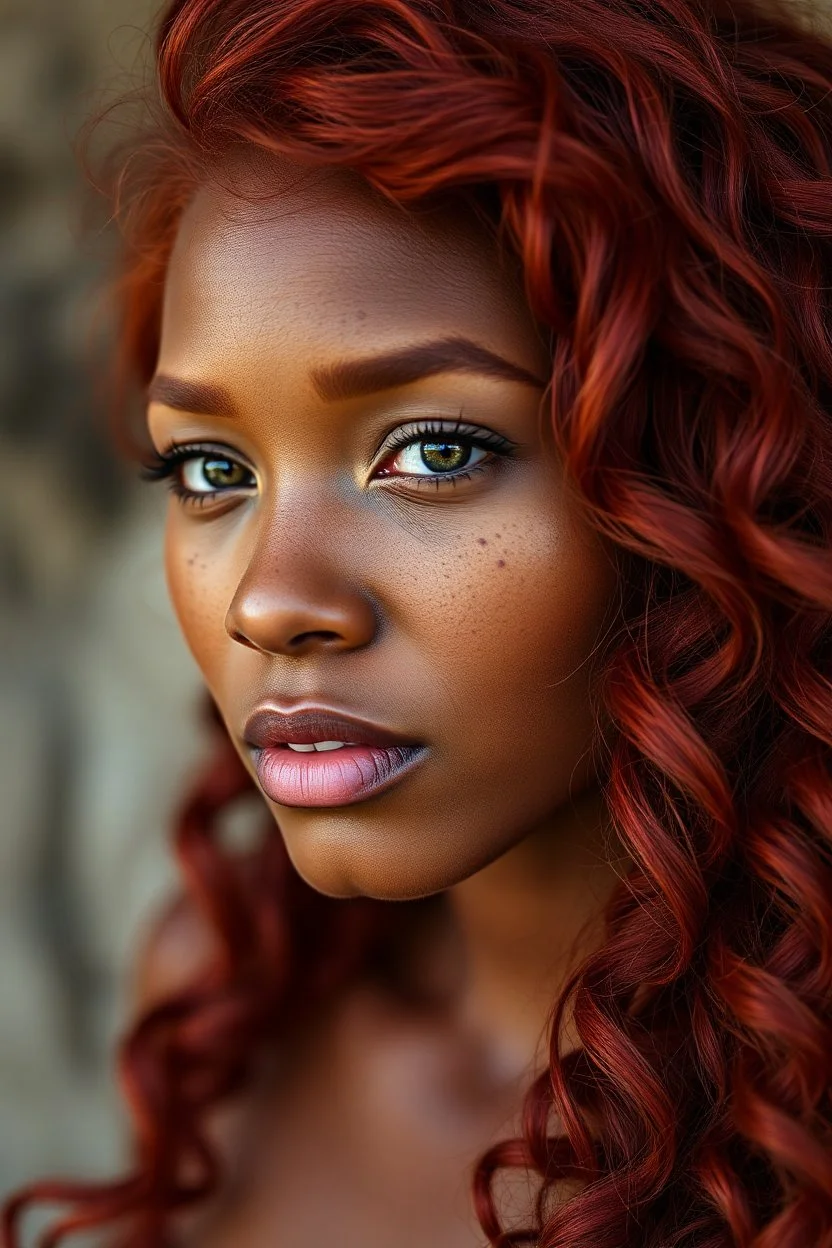 Incredibly beautiful red haired African woman with freckles. wavy hair, raw photo
