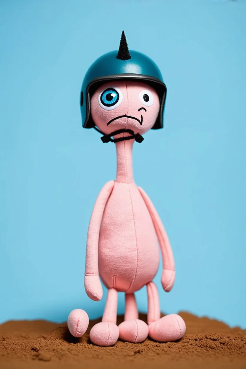 stuffed plush toy(tall and skinny with 1 eye and a frown, small feet at front, wearing helmet with spike on top) blue background, dirt floor