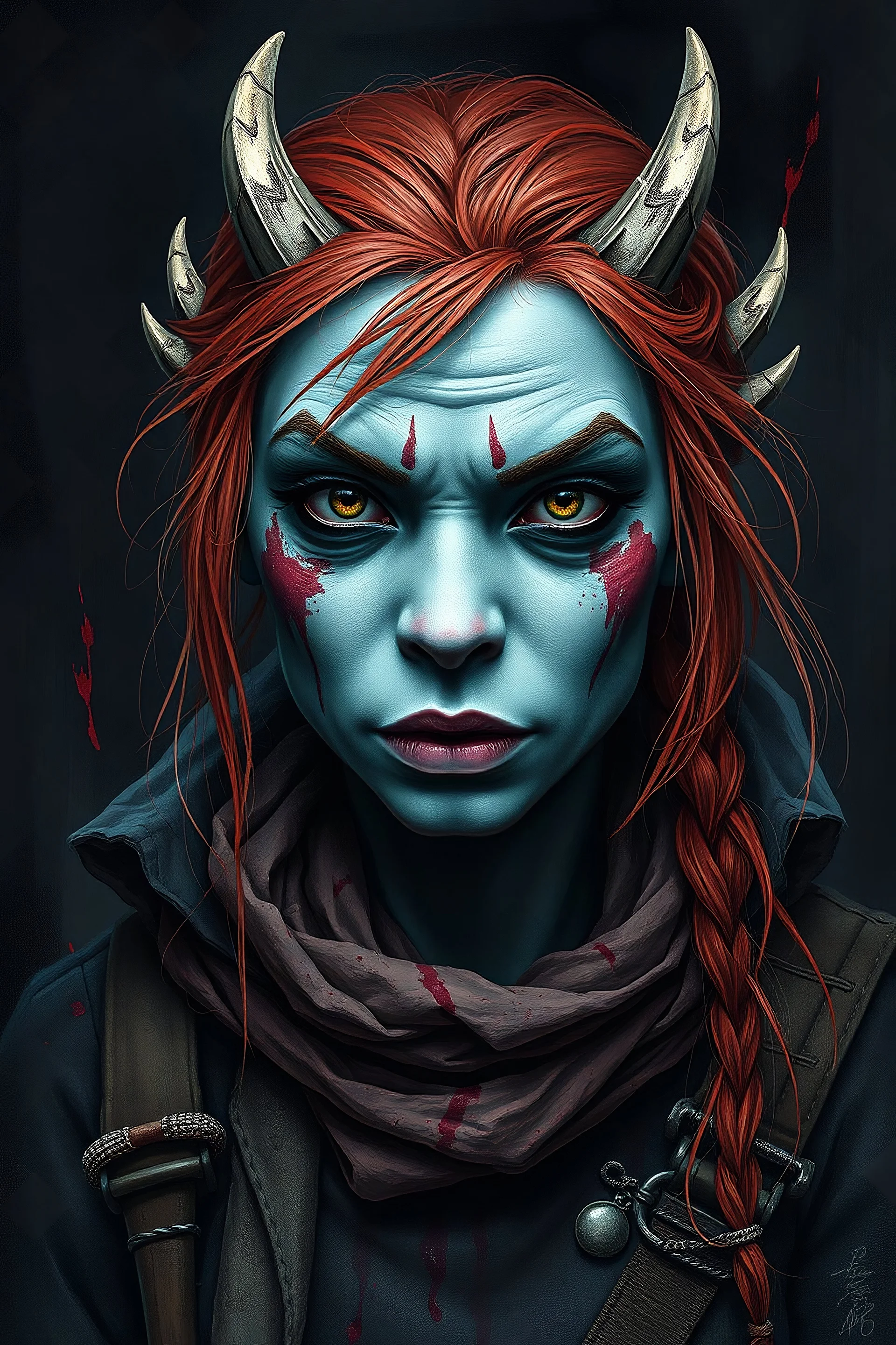 Create a chilling and unsettling full-body photograph of an adorable orc woman. She has gray skin and red hair, dressed in an explorer's outfit styled like a bard. The woman's face should express excitement and a thirst for adventure. The image should be painted with coarse brushstrokes on a dark, gloomy background, enhancing the atmosphere of horror and anxiety. Pay special attention to the makeup stains around the eyes, on the nose, and around the mouth