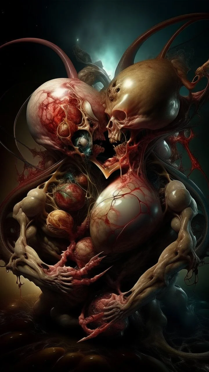 cinematic gore Bosch versus Dali style photorealistic fleshy vortex dmt lsd photo of 2 conjoined mangled insectoid embryonic bodies making love, 1 soul vortex, complementary, anatomically fragmented, ripped apart again being flayed, skinned alive. A beating heart, muscles, blood vessels, bowels, entrails are exposed. Visceral anatomy. physiology. Bosch and Dali inspired hallucinations. mythology. grotesque.