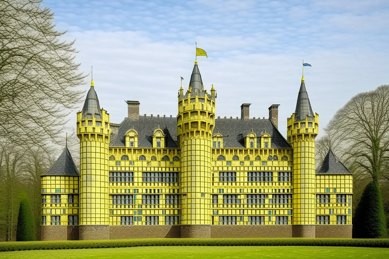 A pale greenish yellow castle made out of bricks designed in medieval tapestry painted by Piet Mondrian