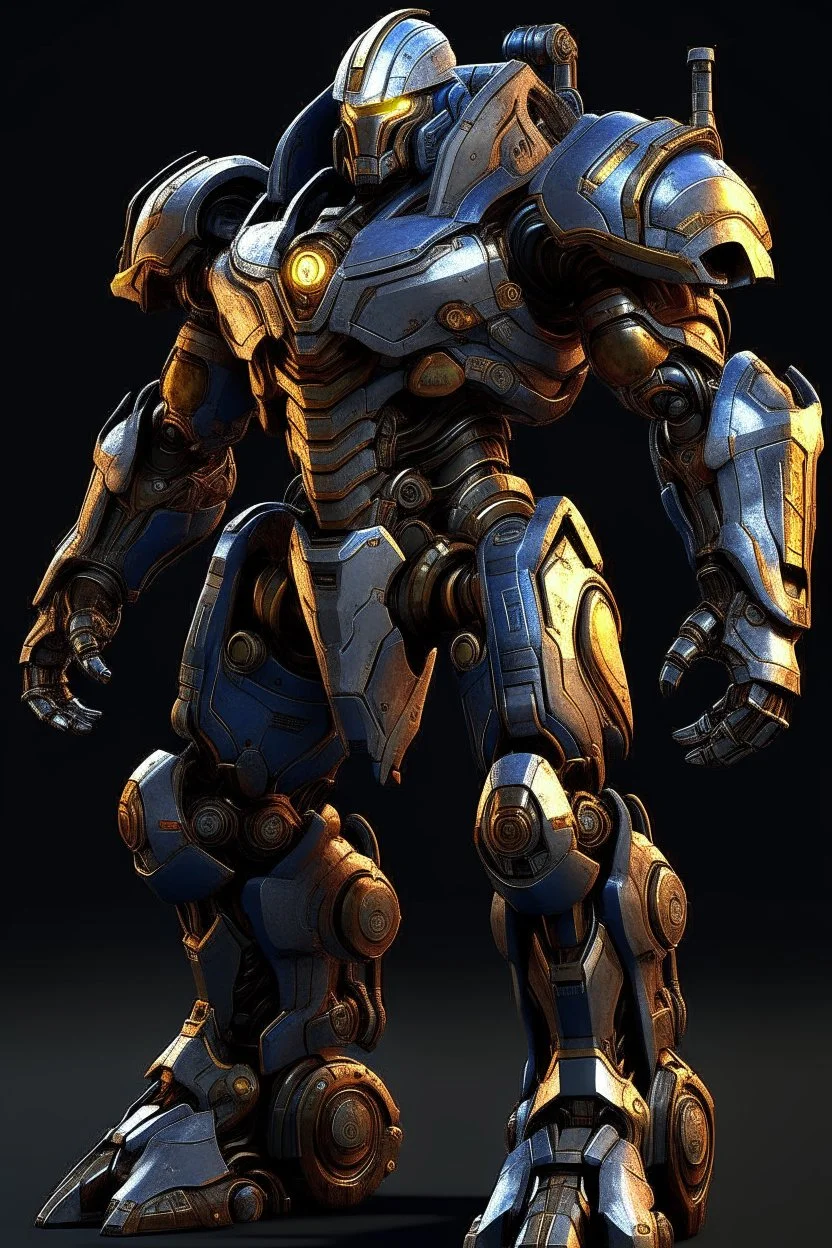 Ironclad stands at an imposing 8 feet tall and is heavily armored with a combination of sleek metallic plating and blue energy accents. Its body is adorned with a polished, reflective surface, giving it a distinct and imposing presence on the battlefield. His waist is snatched. His design is inspired by Nullsector from Overwatch